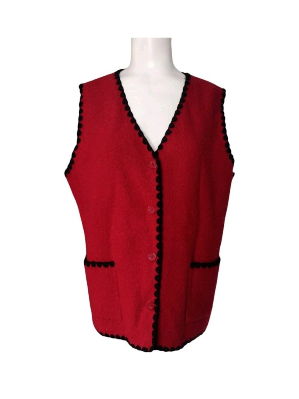 Jessica Holbrook Boiled Wool Vest M Vintage Red Button Up Embroidered Trim